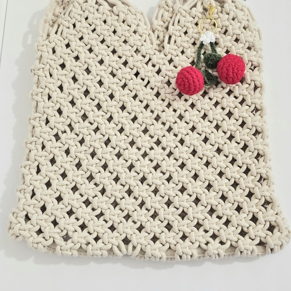 New! J. Crew Cadiz Hand Knotted Crochet Rope Tote with Cherry Bag Charm - Picture 7 of 12